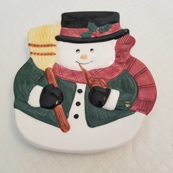 Christmas Holiday Frosty Snowman Platter Serving Cookie Plate 9" H x  7.5" Wide - Picture 1 of 5